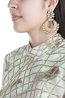 Gold Finish Onyx Stones, Kundan & Pearls Carved Chandbali Earrings