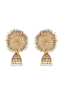 Gold Finish Kundan & Pearls Carved Jhumka Earrings