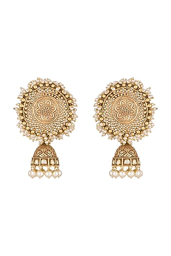 Gold Finish Kundan & Pearls Carved Jhumka Earrings