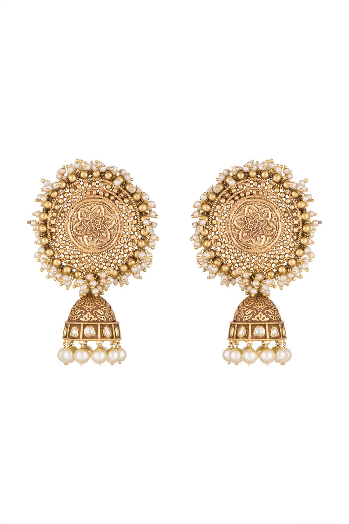 Gold Finish Kundan & Pearls Carved Jhumka Earrings