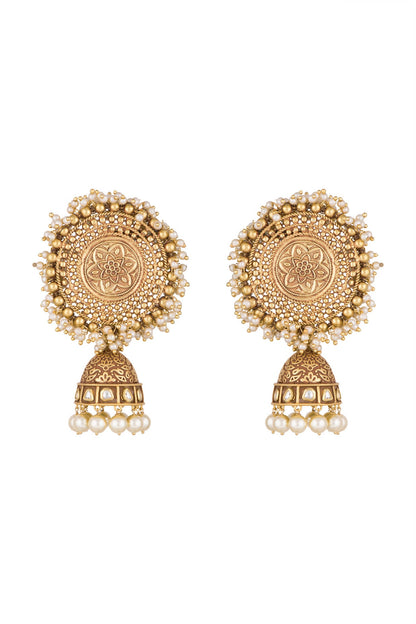 Gold Finish Kundan & Pearls Carved Jhumka Earrings
