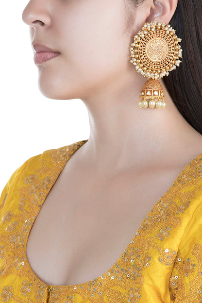 Gold Finish Kundan & Pearls Carved Jhumka Earrings
