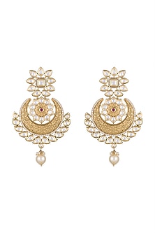 Gold Finish Kundan & Pearls Carved Chandbali Earrings