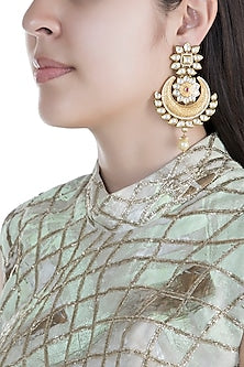 Gold Finish Kundan & Pearls Carved Chandbali Earrings