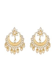 Gold Finish Pearls & Kundan Textured Chandbali Earrings