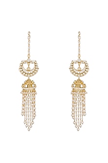 Gold Finish Kundan & Pearls Tasseled Jhumka Earrings