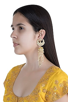 Gold Finish Kundan & Pearls Tasseled Jhumka Earrings