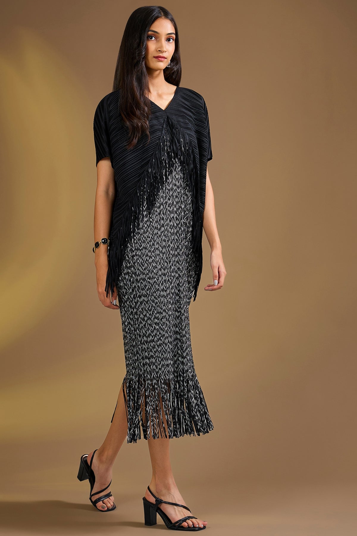 Black Silk Blend Fringed Pleated Midi Dress