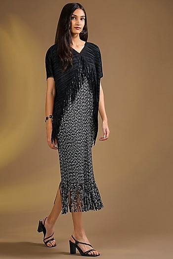Black Silk Blend Fringed Pleated Midi Dress