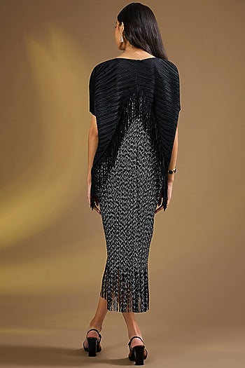 Black Silk Blend Fringed Pleated Midi Dress