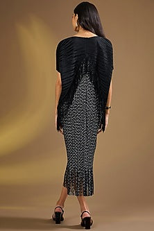Black Silk Blend Fringed Pleated Midi Dress
