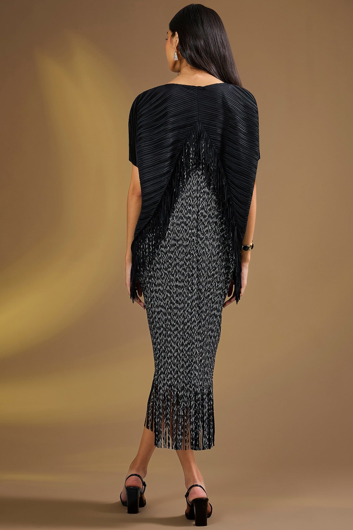 Black Silk Blend Fringed Pleated Midi Dress
