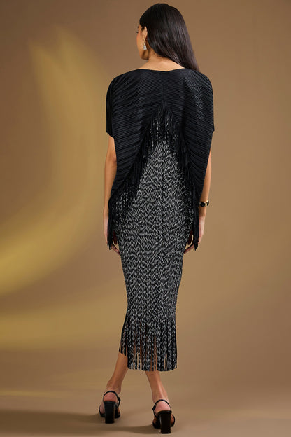 Black Silk Blend Fringed Pleated Midi Dress