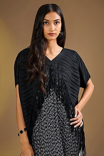 Black Silk Blend Fringed Pleated Midi Dress