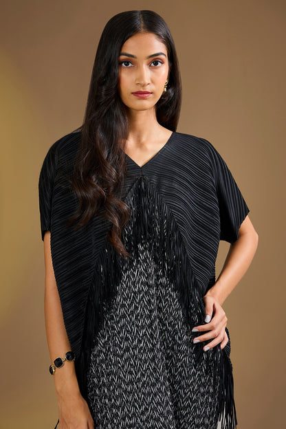 Black Silk Blend Fringed Pleated Midi Dress