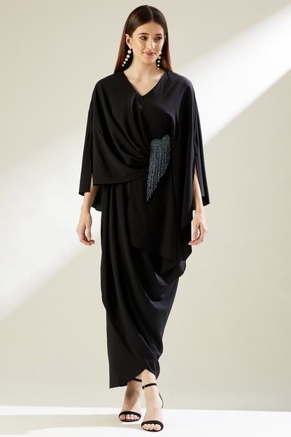 Black Fringed & Embellished Draped Dress