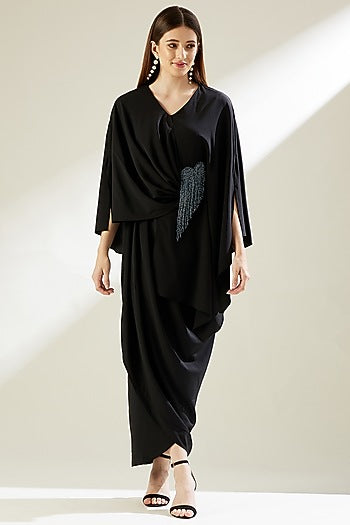 Black Fringed & Embellished Draped Dress
