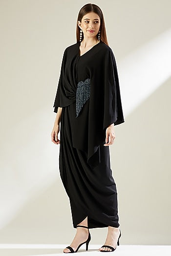 Black Fringed & Embellished Draped Dress