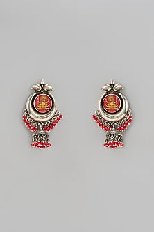 Silver Finish Hand-Painted Chandbaali Earrings In Sterling Silver