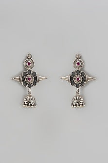 Silver Finish Synthetic Ruby Stone Floral Jhumka Earrings In Sterling Silver