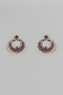 Silver Finish Synthetic Ruby Stone Chandbaali Earrings In Sterling Silver