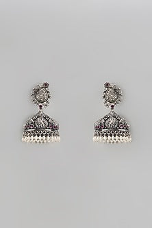 Silver Finish Synthetic Ruby Stone Jhumka Earrings In Sterling Silver