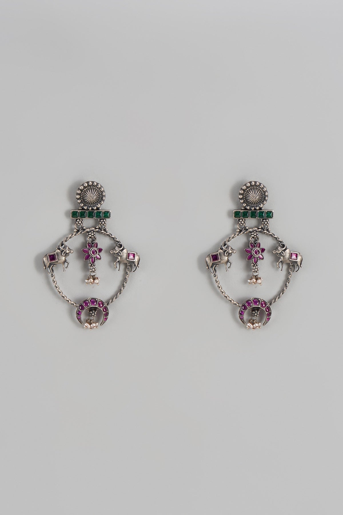 Silver Finish Synthetic Ruby Stone Kamadhenu Dangler Earrings In Sterling Silver