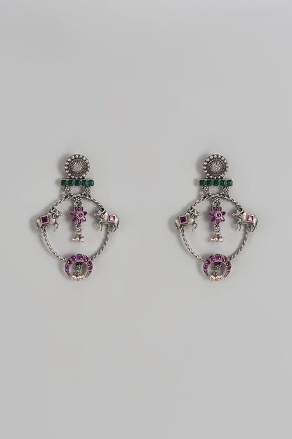 Silver Finish Synthetic Ruby Stone Kamadhenu Dangler Earrings In Sterling Silver
