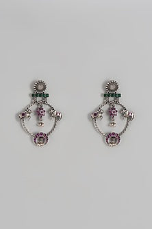 Silver Finish Synthetic Ruby Stone Kamadhenu Dangler Earrings In Sterling Silver