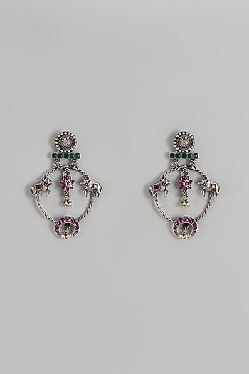 Silver Finish Synthetic Ruby Stone Kamadhenu Dangler Earrings In Sterling Silver