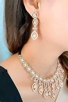 Gold Finish Kundan Polki Necklace In Sterling Silver