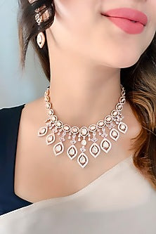 Gold Finish Kundan Polki Necklace In Sterling Silver