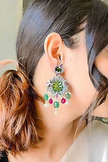 Silver Finish Synthetic Emerald Dangler Earrings In Sterling Silver