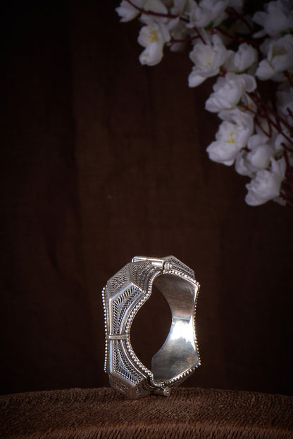 Silver Finish Intricately Carved Openable Kada In Sterling Silver