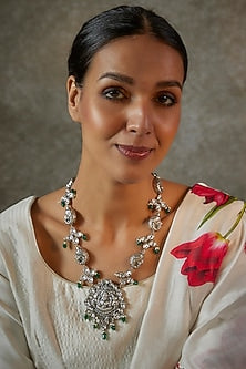 White Finish Kundan Polki Laxmi Necklace In Sterling Silver