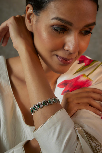 Peacock Motif Emerald Bangle In Sterling Silver