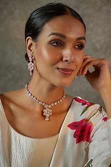 Rose Gold Finish Kundan Polki Necklace Set In Sterling Silver