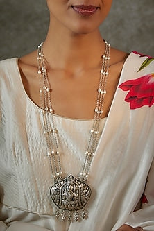 Beaded Pearl Laxmi Temple Long Necklace In Sterling Silver