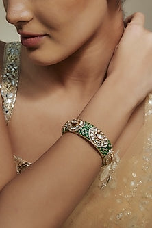 Gold Finish Kundan Polki Green Meenakari Kada