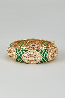 Gold Finish Kundan Polki Green Meenakari Kada