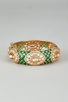 Gold Finish Kundan Polki Green Meenakari Kada