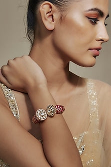 Gold Finish Kundan Polki & Cubic Zirconia Red Meenakari Kada