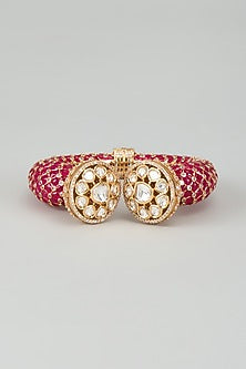 Gold Finish Kundan Polki & Cubic Zirconia Red Meenakari Kada