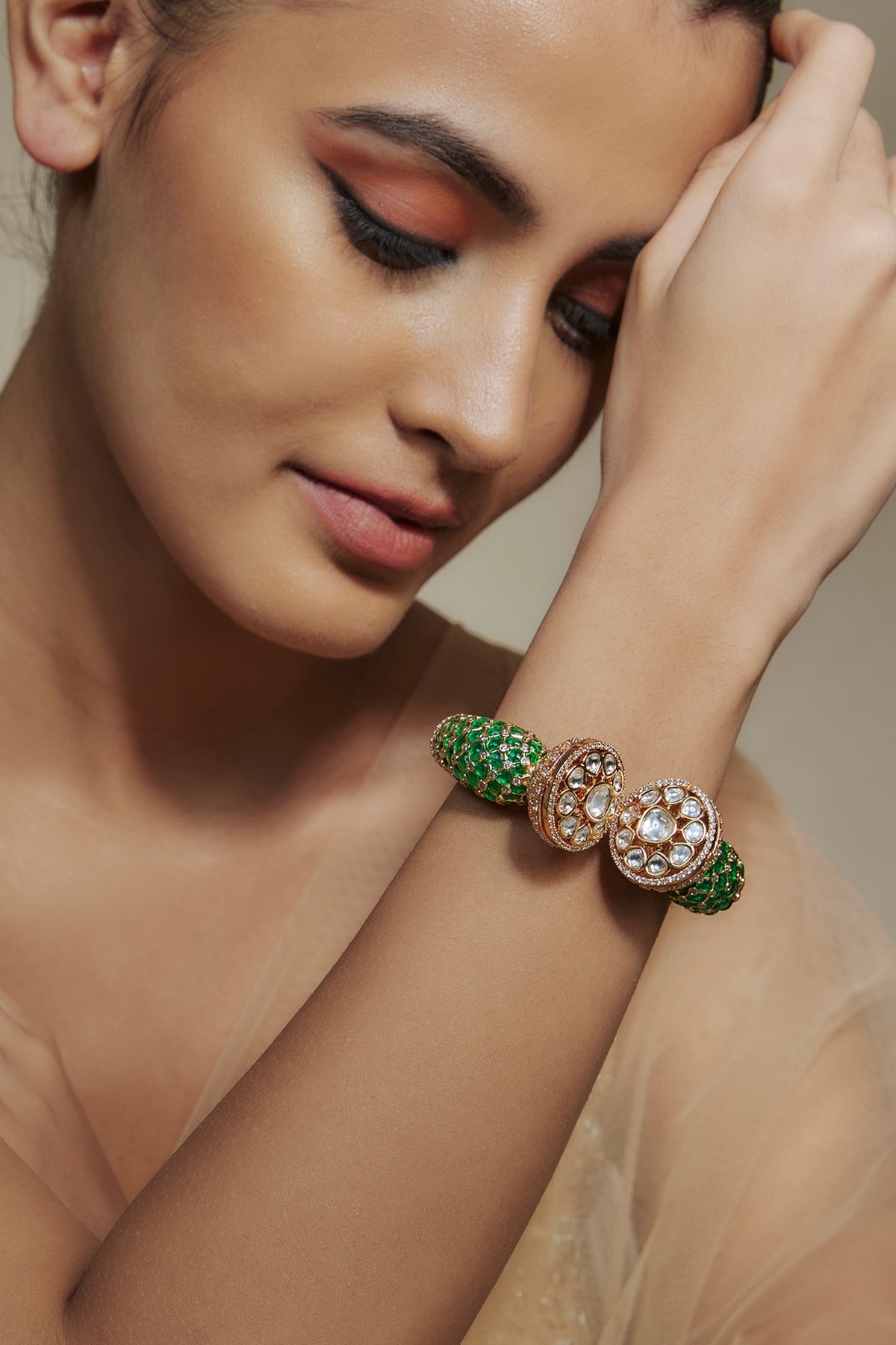 Gold Finish Kundan Polki & Cubic Zirconia Green Meenakari Kada