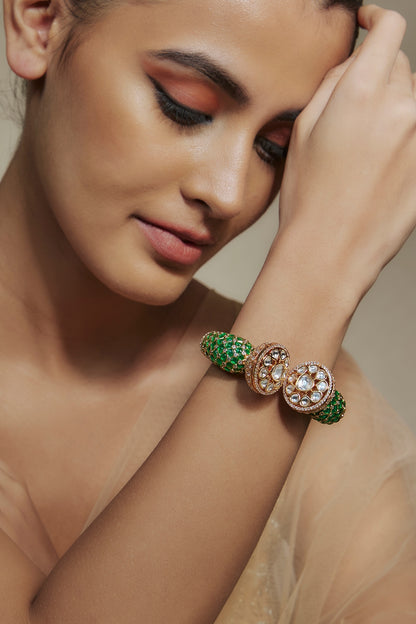 Gold Finish Kundan Polki & Cubic Zirconia Green Meenakari Kada