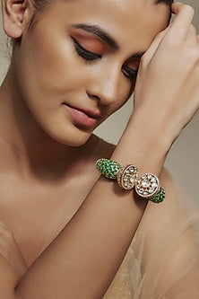 Gold Finish Kundan Polki & Cubic Zirconia Green Meenakari Kada