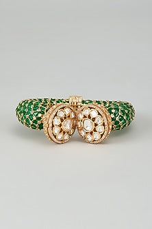 Gold Finish Kundan Polki & Cubic Zirconia Green Meenakari Kada