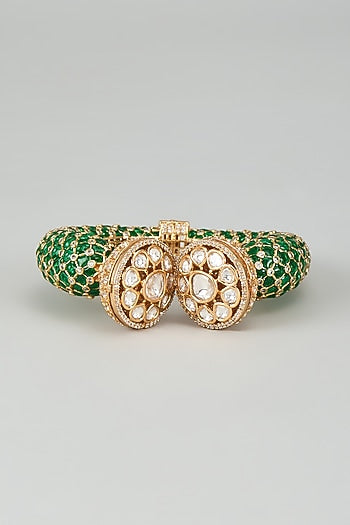 Gold Finish Kundan Polki & Cubic Zirconia Green Meenakari Kada
