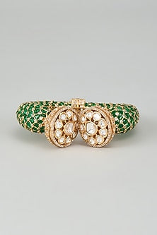 Gold Finish Kundan Polki & Cubic Zirconia Green Meenakari Kada