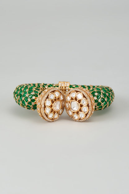 Gold Finish Kundan Polki & Cubic Zirconia Green Meenakari Kada